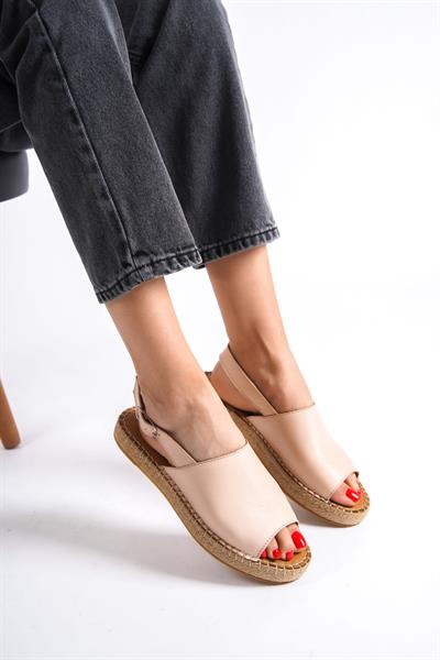 Mubiano Hakiki Deri 601-PD Pudra Kadın Espadril Sandalet & Terlik