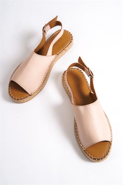 Mubiano Hakiki Deri 601-PD Pudra Kadın Espadril Sandalet & Terlik