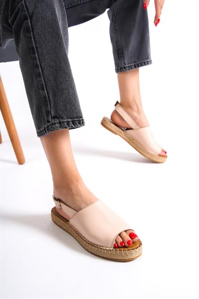Mubiano Hakiki Deri 601-PD Pudra Kadın Espadril Sandalet & Terlik