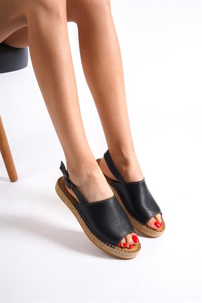 Mubiano Hakiki Deri 601-S Siyah Kadın Espadril Sandalet & Terlik