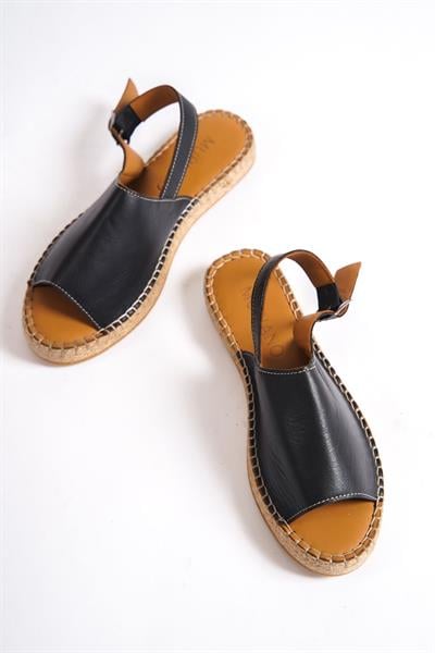 Mubiano Hakiki Deri 601-S Siyah Kadın Espadril Sandalet & Terlik