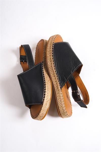 Mubiano Hakiki Deri 601-S Siyah Kadın Espadril Sandalet & Terlik