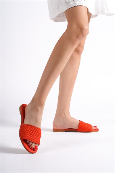 Mubiano Hakiki Deri 655-KR Kadın Hasır Görünümlü Kırmızı Düz Terlik