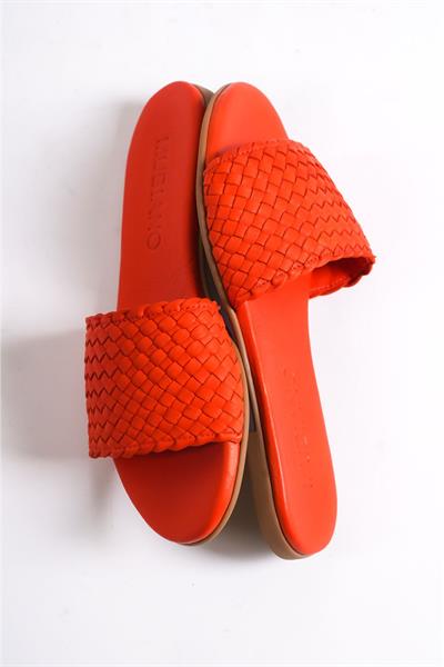 Mubiano Hakiki Deri 655-KR Kadın Hasır Görünümlü Kırmızı Düz Terlik