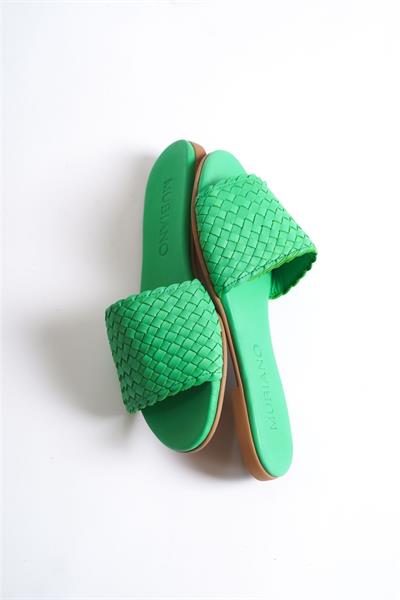 Mubiano Hakiki Deri 655-Y Kadın Hasır Görünümlü Yeşil Düz Terlik