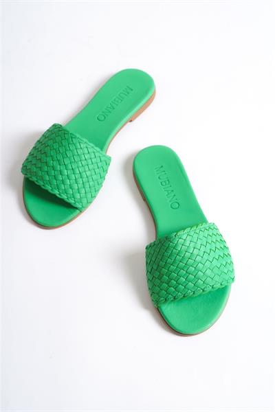 Mubiano Hakiki Deri 655-Y Kadın Hasır Görünümlü Yeşil Düz Terlik