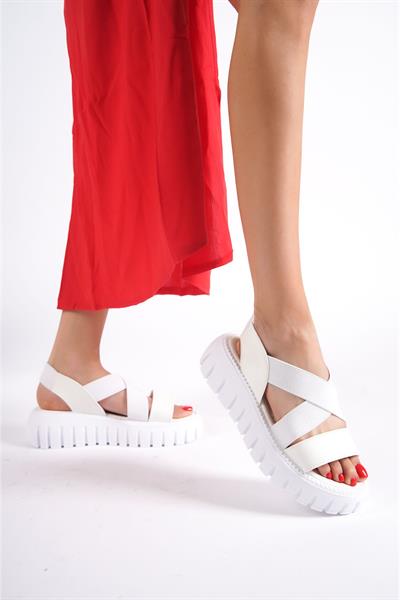 Mubiano 733-B Kalın Tırtık Tabanlı Beyaz Platform Kadın Sandalet