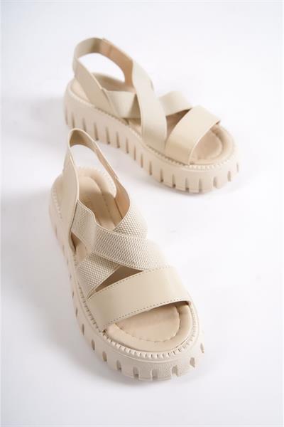 Mubiano 733-BJ Kalın Tırtık Tabanlı Bej Platform Kadın Sandalet