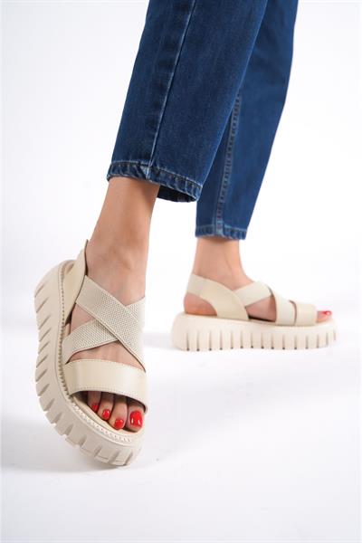 Mubiano 733-BJ Kalın Tırtık Tabanlı Bej Platform Kadın Sandalet