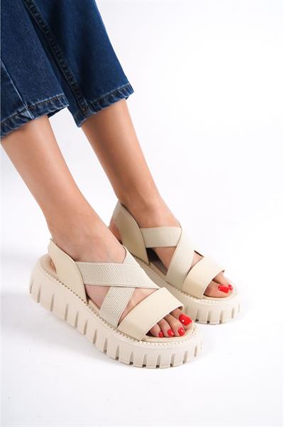 Mubiano 733-BJ Kalın Tırtık Tabanlı Bej Platform Kadın Sandalet