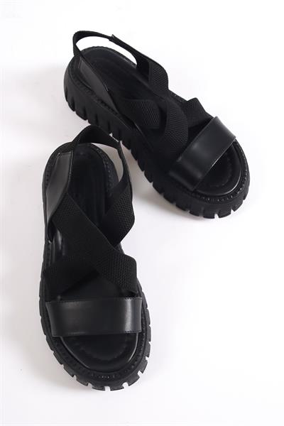 Mubiano 733-S Kalın Tırtık Tabanlı Siyah Platform Kadın Sandalet