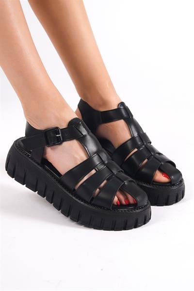 Mubiano 734-S Kalın Tırtık Tabanlı Siyah Tek Bantlı Platform  Sandalet