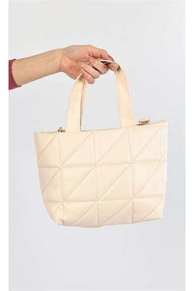 Mubiano 840-KR Orta Boy Kapitone Desen Kadın Askılı Krem Fermuarlı Tote Bag Alışveriş Çantası