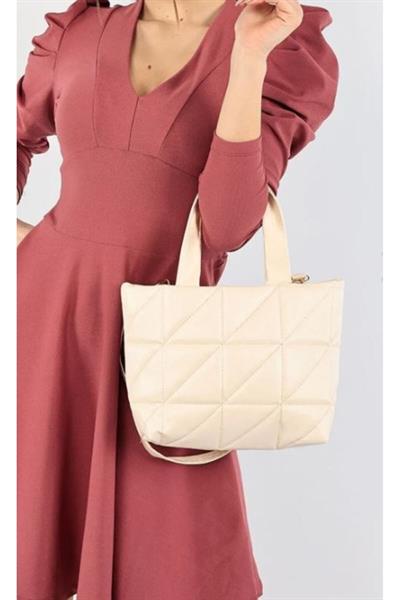 Mubiano 840-KR Orta Boy Kapitone Desen Kadın Askılı Krem Fermuarlı Tote Bag Alışveriş Çantası