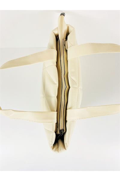 Mubiano 840-KR Orta Boy Kapitone Desen Kadın Askılı Krem Fermuarlı Tote Bag Alışveriş Çantası