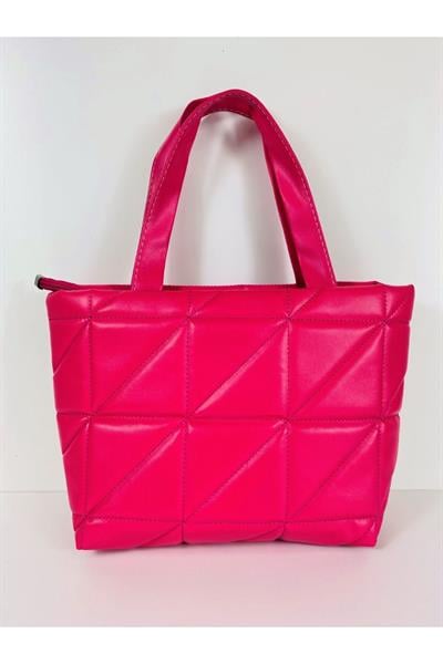 Mubiano 840-PMB Orta Boy Kapitone Desen Kadın Askılı Pembe Fermuarlı Tote Bag Alışveriş Çantası