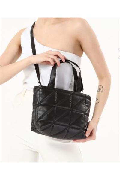 Mubiano 840-S Orta Boy Kapitone Desen Kadın Askılı Siyah Fermuarlı Tote Bag Alışveriş Çantası