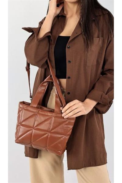 Mubiano 840-TB Orta Boy Kapitone Desen Kadın Askılı Fermuarlı Taba Tote Bag Alışveriş Çantası