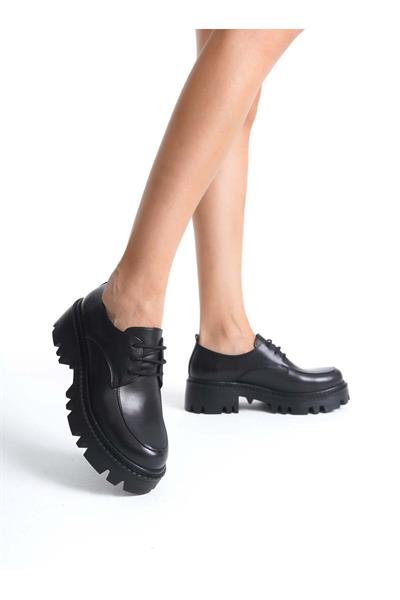 Mubiano Hakiki Deri Collection Kadın Bağcıklı Kalın Taban Loafer Siyah - MCGVN2105 - S