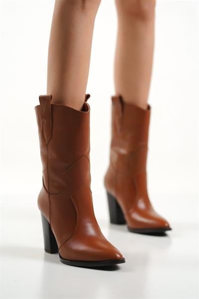 Mubiano Hakiki Deri Collection Kadın Topuklu Kovboy Bot Taba - Mcalm4262 - Tb