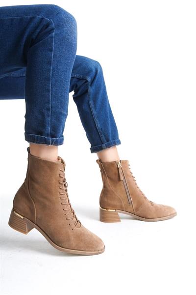 Mubiano Hakiki Deri Collection Kadın Fermuar Detaylı Bağcıklı Kısa Süet Bot Bej - MCRGN88112 - BJ