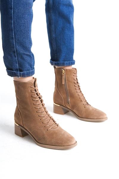 Mubiano Hakiki Deri Collection Kadın Fermuar Detaylı Bağcıklı Kısa Süet Bot Bej - MCRGN88112 - BJ