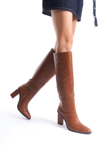 Mubiano Hakiki Deri Collection Kadın Fermuar Detaylı Topuklu Düz Çizme Taba - MCALM4242 - TB