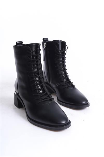 Mubiano Hakiki Deri Collection Kadın Fermuar Detaylı Bağcıklı Kısa Bot Siyah - MCRGN88112 - S