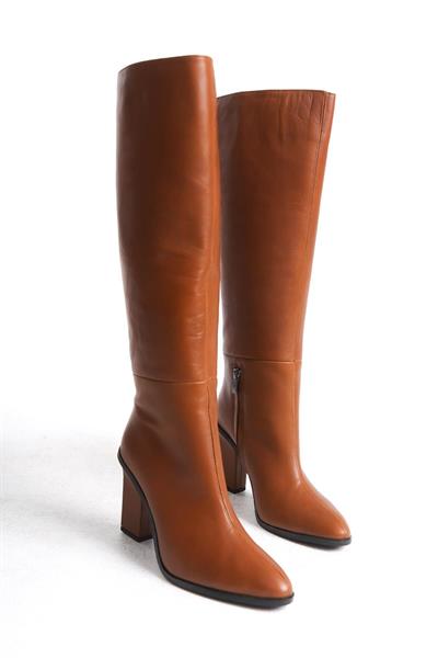 Mubiano Hakiki Deri Collection Kadın Fermuar Detaylı Topuklu Düz Çizme Taba - MCALM4242 - TB