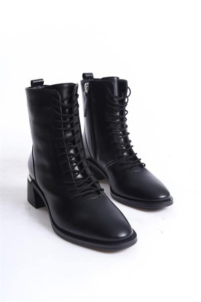 Mubiano Hakiki Deri Collection Kadın Fermuar Detaylı Bağcıklı Kısa Bot Siyah - MCRGN88112 - S