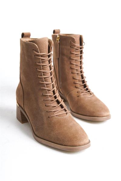 Mubiano Hakiki Deri Collection Kadın Fermuar Detaylı Bağcıklı Kısa Süet Bot Bej - MCRGN88112 - BJ