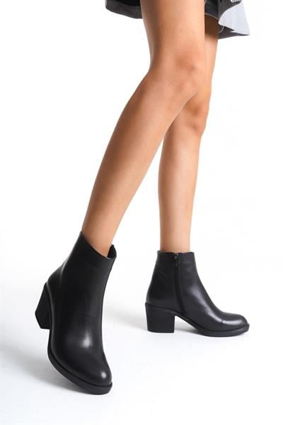 Mubiano Hakiki Deri Collection Kadın Fermuarlı Kalın Kısa Topuk Bot&Bootie Siyah - MCGVN93 - S