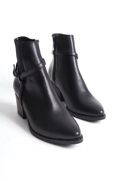 Mubiano Hakiki Deri Collection Kadın Fermuarlı Kısa Kalın Topuk Bot&Bootie Siyah - MCZFR228 - S