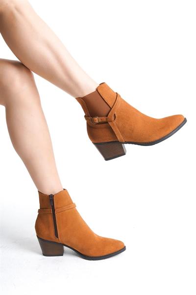 Mubiano Hakiki Deri Collection Kadın Fermuarlı Kısa Kalın Topuk Süet Bot&Bootie Taba - MCZFR228 - TB