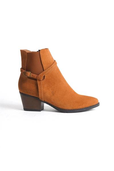 Mubiano Hakiki Deri Collection Kadın Fermuarlı Kısa Kalın Topuk Süet Bot&Bootie Taba - MCZFR228 - TB