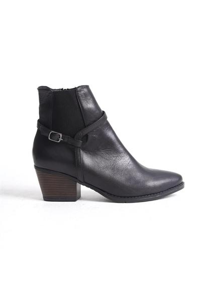 Mubiano Hakiki Deri Collection Kadın Fermuarlı Kısa Kalın Topuk Bot&Bootie Siyah - MCZFR228 - S