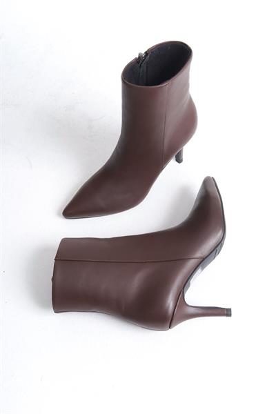 Mubiano Hakiki Deri Collection Kadın Fermuarlı Sivri Burun Kısa Bot Kahverengi - MCALM2232 - KH