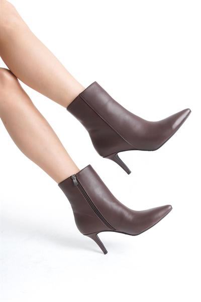 Mubiano Hakiki Deri Collection Kadın Fermuarlı Sivri Burun Kısa Bot Kahverengi - MCALM2232 - KH