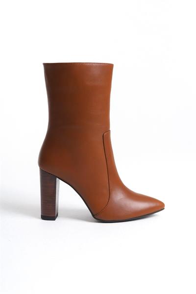 Mubiano Hakiki Deri Collection Kadın Fermuarlı Sivri Burun Topuklu Kısa Bot Taba - MCALM23151 - TB