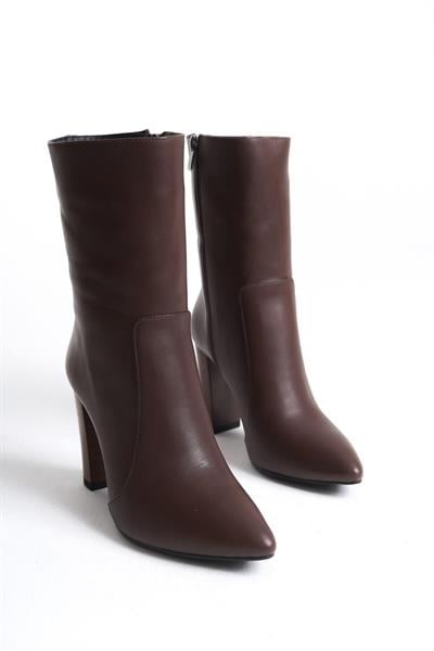 Mubiano Hakiki Deri Collection Kadın Fermuarlı Sivri Burun Topuklu Kısa Bot Kahverengi - MCALM23151 - KH