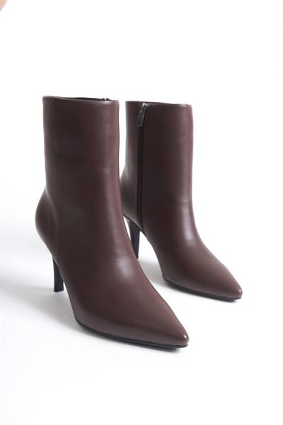 Mubiano Hakiki Deri Collection Kadın Fermuarlı Sivri Burun Kısa Bot Kahverengi - MCALM2232 - KH