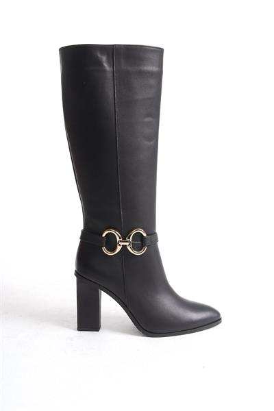 Mubiano Hakiki Deri Collection Kadın Fermuarlı Toka Detaylı Topuklu Çizme Siyah - MCALM2261 - S