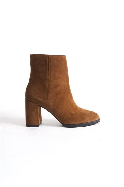 Mubiano Hakiki Deri Collection Kadın Fermuarlı Yuvarlak Burun Kalın Topuklu Kısa Süet Bot Taba - MCALM4221 - TB