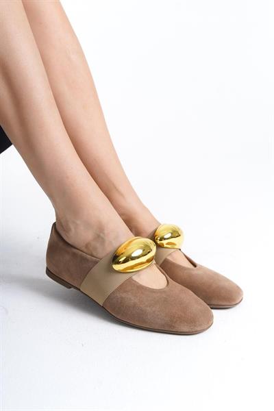 Mubiano Hakiki Deri Collection Kadın Gold Toka Detaylı Süet Babet Bej - MCRGN8037 - BJ