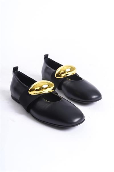 Mubiano Hakiki Deri Collection Kadın Gold Toka Detaylı Babet Siyah - MCRGN8037 - S