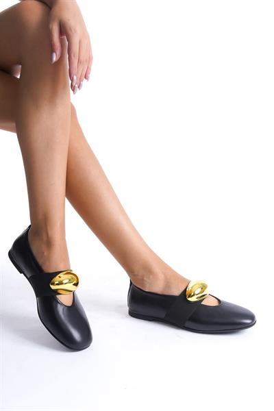 Mubiano Hakiki Deri Collection Kadın Gold Toka Detaylı Babet Siyah - MCRGN8037 - S