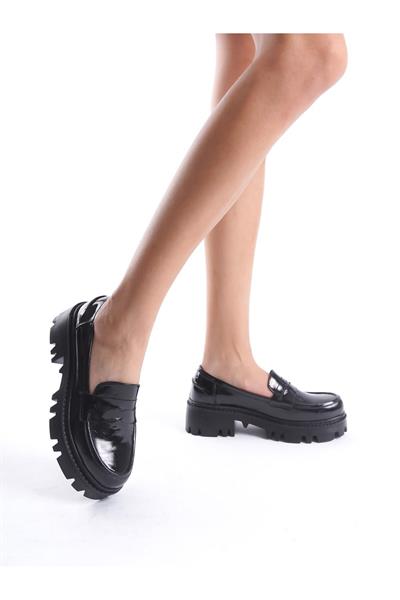 Mubiano Hakiki Deri Collection Kadın Kalın Taban Rugan Loafer Siyah - MCGVN1012 - S