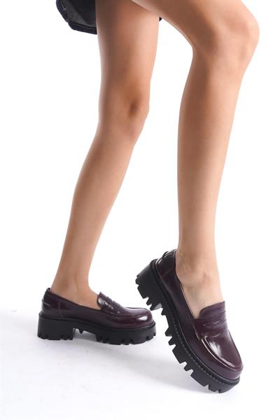 Mubiano Hakiki Deri Collection Kadın Kalın Taban Rugan Loafer Bordo - MCGVN1012 - BRD