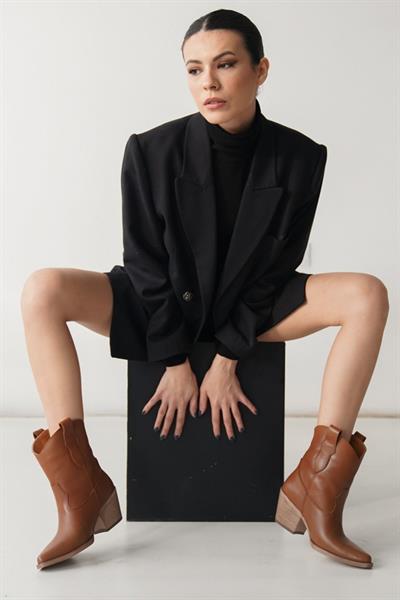 Mubiano Hakiki Deri Collection Kadın Kısa Topuklu Kovboy Bot Taba - MCALM4705 - TB