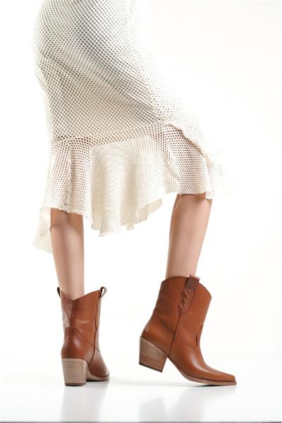 Mubiano Hakiki Deri Collection Kadın Kısa Topuklu Kovboy Bot Taba - MCALM4705 - TB